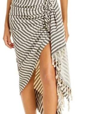 Striped Gray & White Tie-Side Fringe Swim Sarong Cover-Up